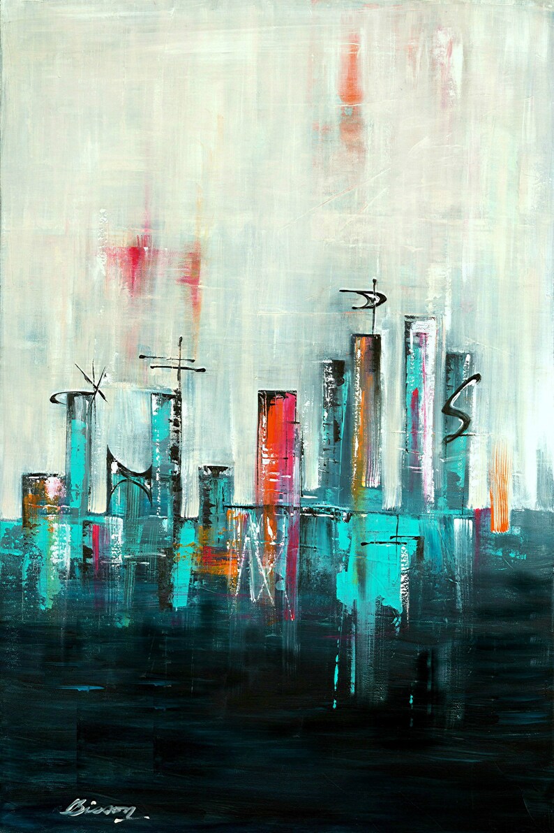 Mid-century modern art print skyline cityscape mcm googie retro atomic fuchsia pink turquoise