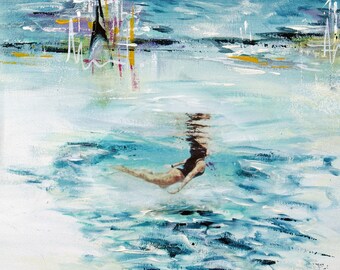 Midcentury Modern Woman Swimming Art: Surreal Space Print