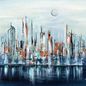 mid century modern skyline art print midmod midcentury cityscape horizontal wall art blue and gold