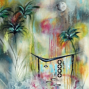 Origineel huis uit het midden van de eeuw in de natuur, moderne kunst uit het midden van de eeuw, schilderij hyperbolisch dak abstract.