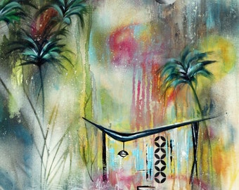 Midcentury Modern Art Painting: Googie Architecture, Tropical Scene