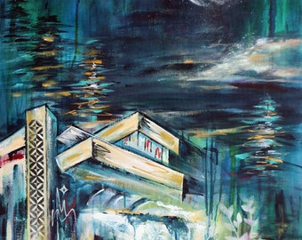 Original Fallingwater architect Frank Lloyd Wright architecture fallingwater moonlight midcentury art painting modernist brutalist