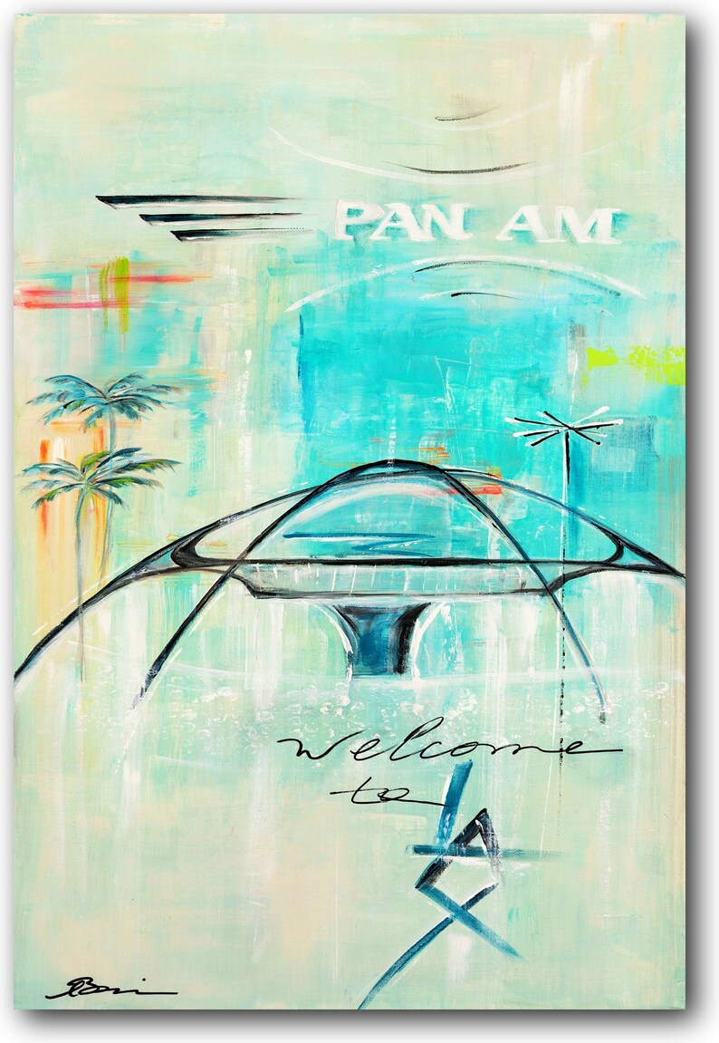 May include: Abstract painting with a turquoise background and a black and white illustration of a futuristic building. The text "PAN AM" is in white letters on a blue background. The text "welcome to LA" is written in black cursive.
