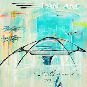 May include: Abstract painting with a turquoise background and a white "PAN AM" sign. The painting features a stylized depiction of a futuristic building with palm trees and the text "welcome to LA".