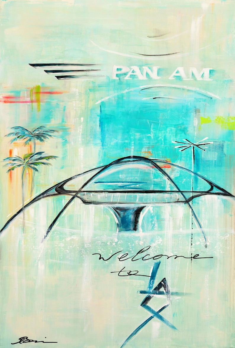 May include: Abstract painting with a turquoise background and a white "PAN AM" sign. The painting features a stylized depiction of a futuristic building with palm trees and the text "welcome to LA".