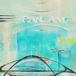 May include: Abstract painting of a futuristic building with a dome roof and the text "PAN AM" in white letters against a turquoise background.