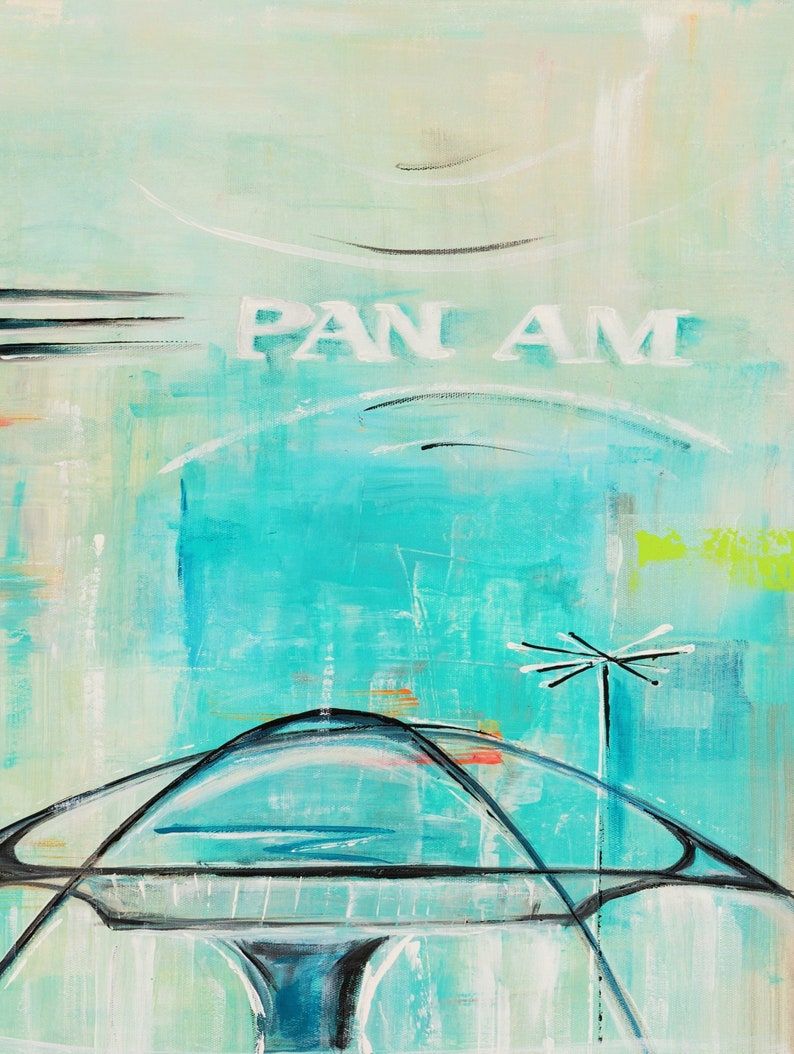 May include: Abstract painting of a futuristic building with a dome roof and the text "PAN AM" in white letters against a turquoise background.