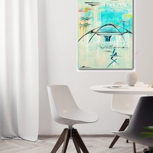May include: Abstract painting of a futuristic airport scene with palm trees, a blue dome, and the text "PAN AM" and "Welcome to LA".