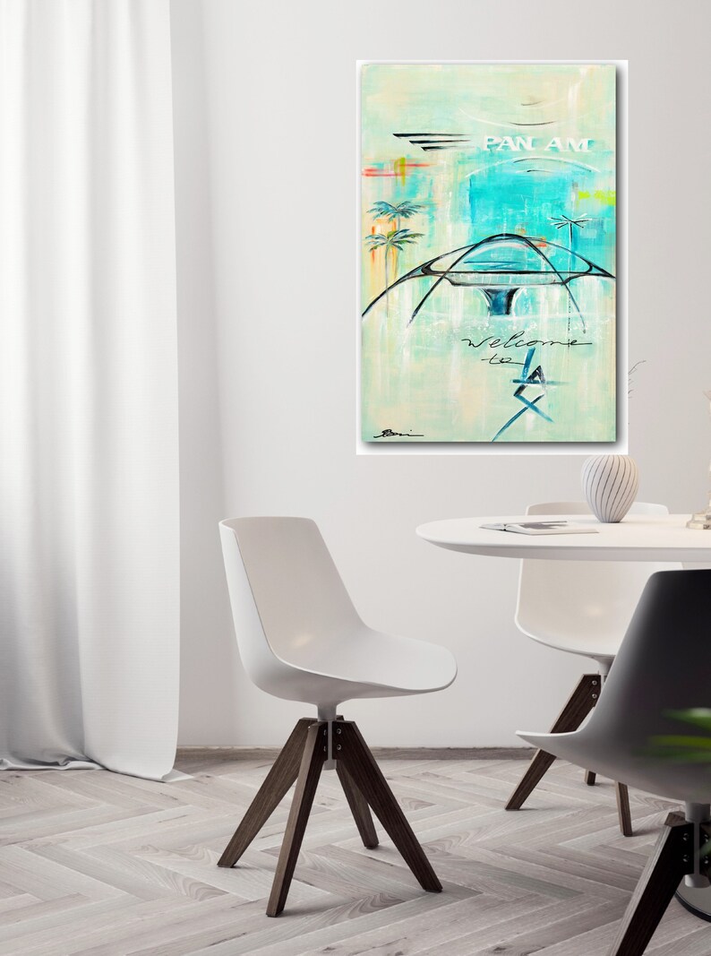 May include: Abstract painting of a futuristic airport scene with palm trees, a blue dome, and the text "PAN AM" and "Welcome to LA".