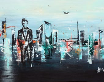 Mid-Century Modern Cityscape Painting: Abstract Urban Skyline Art