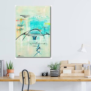 May include: A vintage-style painting of a Pan Am airplane with the text "Pan Am" and "Welcome to LA" on a light blue and green background.