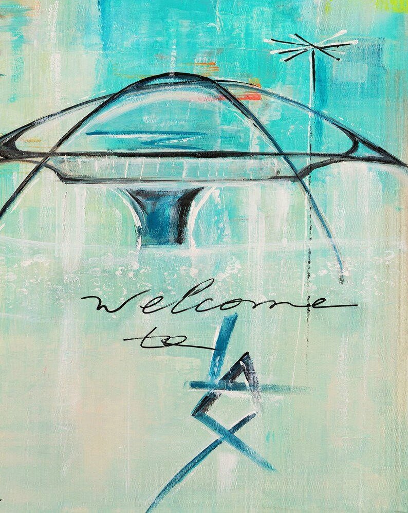 May include: Abstract painting with a turquoise background and a black and white stylized image of a futuristic building. The text "welcome to LA" is written in black cursive.