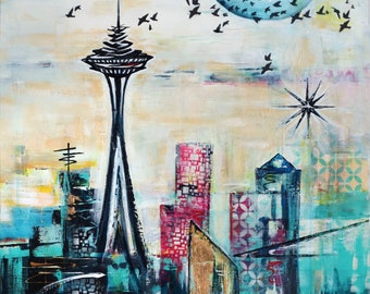 Seattle skyline original art print mid-century modern original painting wall art mcm vintage style space needle