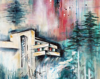 Fallingwater Frank Lloyd Wright modernism architecture abstract art print midcentury modern iconic home