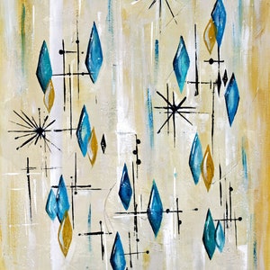 Mid-Century Modern Diamond Art Print: Blue & Gold Starburst