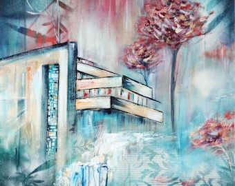 Original ikonisches Fallingwater-Haus des Architekten Frank Lloyd Wright, fallendes Wasser, moderne Kunstmalerei aus der Mitte des Jahrhunderts, modernistischer Brutalist