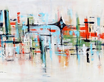 Mid-Century Modern Starburst Art Print: Abstract Orange & Blue Horizontal Canvas