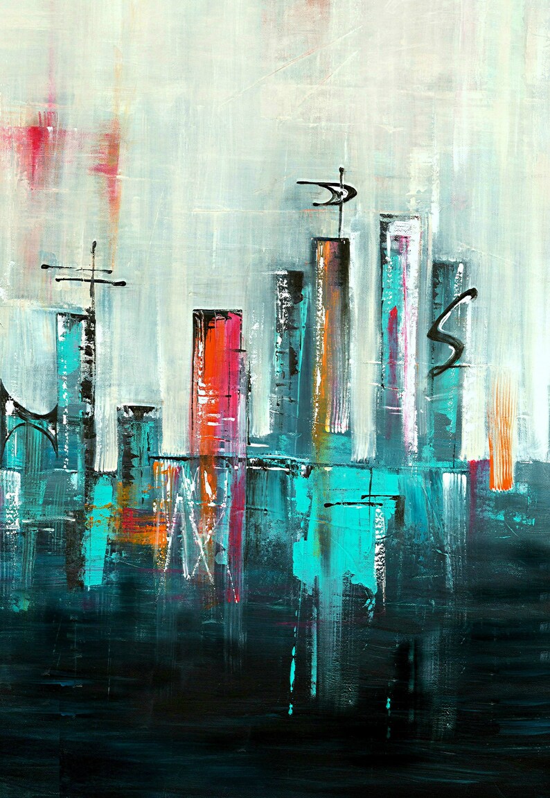 Mid-century modern art print skyline cityscape mcm googie retro atomic fuchsia pink turquoise