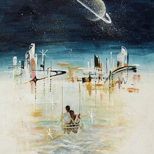 Midcentury modern collage art print, lovers in midcentury cosmic dream, modern retro collage, saturn art angela bisson
