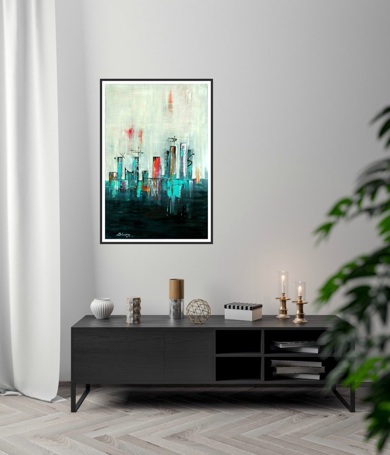 Mid-century modern art print skyline cityscape mcm googie retro atomic fuchsia pink turquoise