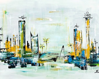 Mid-Century Modern City Skyline Art Print: Retro Futuristic Wall Decor