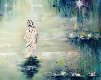 Original painting art woman silhouette ethereal serene peaceful tranquility inspirational creamy white green purple