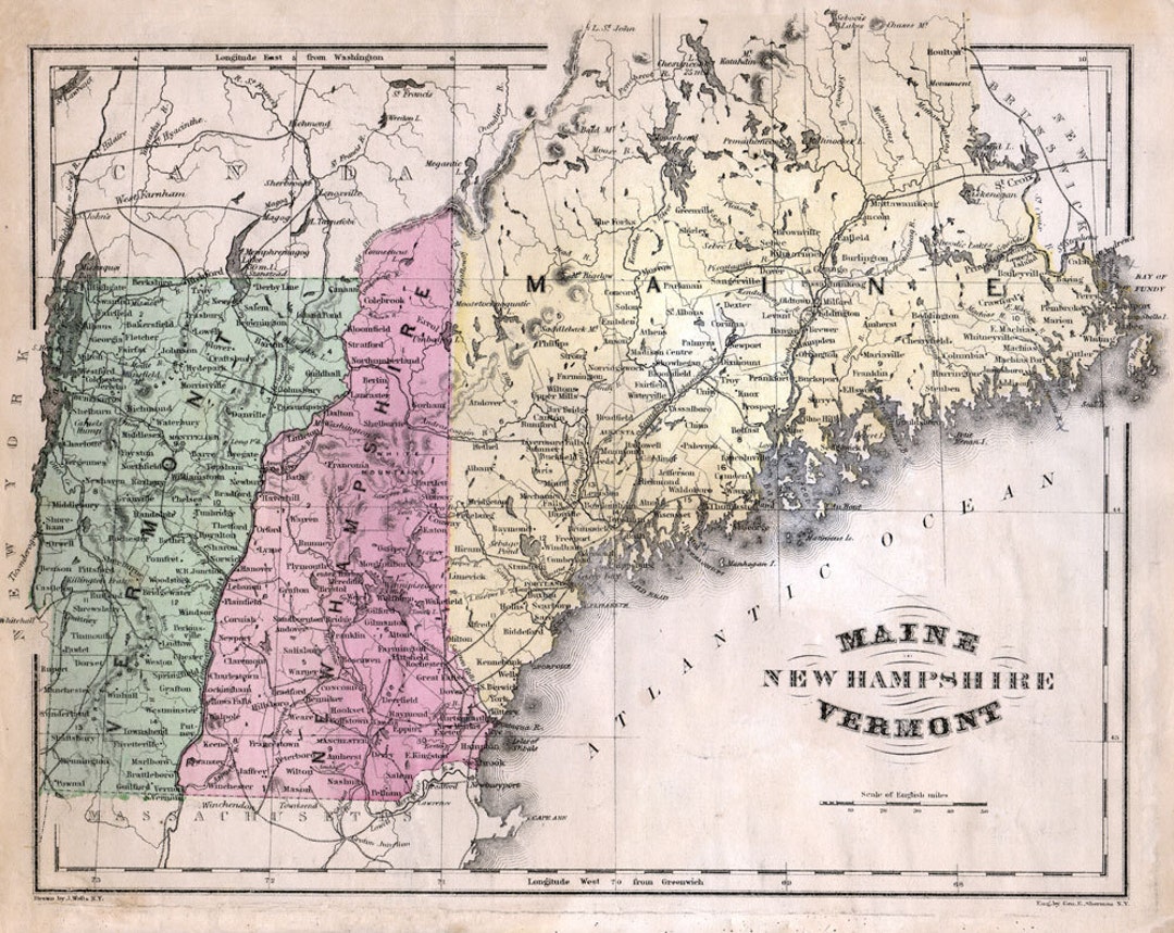 Maine, New Hampshire, & Vermont Map of the Northeast Etsy