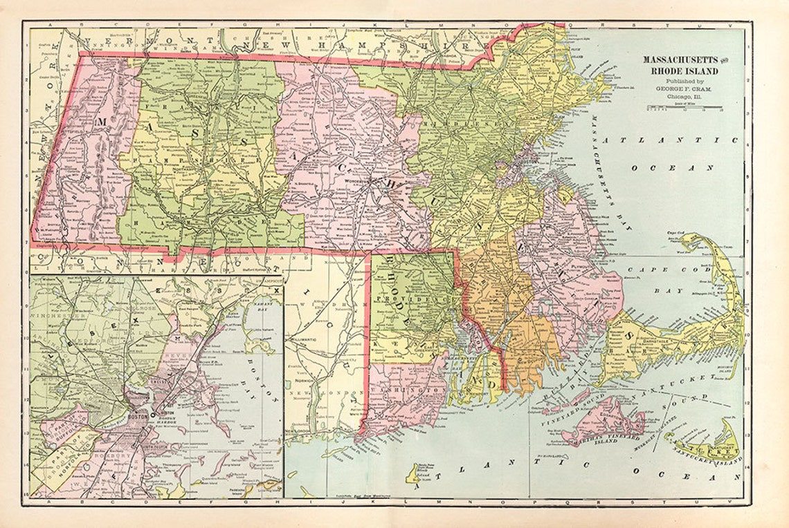 Map Of Massachusetts Rhode Island 1900 s Etsy
