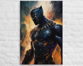 May include: A digital painting of Black Panther, a superhero from Marvel Comics. He is depicted in a dark blue suit with gold accents, standing against a background of orange and yellow hues.