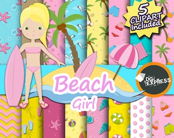 Digitalpapier Strand + Clipart - Mädchen: "Beach Girl Digital Paper" - Strand Geburtstagseinladung, druckbare Strand Sommer Strand Mädchen Papier