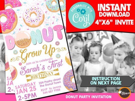 Donut Party Invitation - "DONUT BIRTHDAY Invitation" Pajama Party, Girl Donut Digital Invite, Instant Download invitation Il_570xn