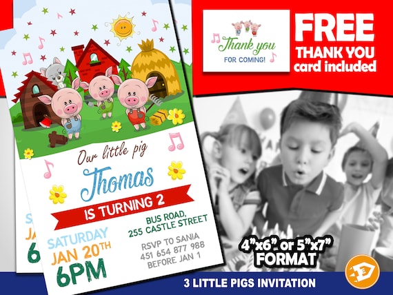 Three Little Pigs Invitation - "PIGS BIRTHDAY Invitation" Pool Party, Nursery Rhymes Digital Invite, Three Little Pigs Birthday Printable Il_570xn