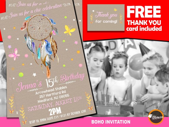 Dreamcatcher Birthday Invitation - "BOHO CHIC Birthday Invitation" Tribal Boho Party, Bohemian Girl Digital Invite Il_570xn