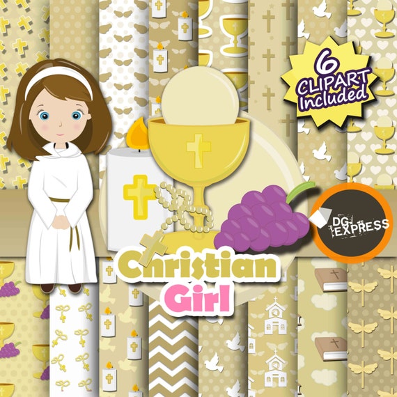 Gold Christian Girl Clipart + Digital Paper : "Confirmation Paper" -Bible Clipart, Christian Girl, Religion Clip Art, Jesus, Commercial Use Il_570xn