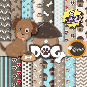 Dog Digital Paper + Clipart - Blue : "Dog Digital Paper" - Dog Clipart, Dog Invite, Animal Clipart, Dog Paw, Animal print, Doghouse, Bone