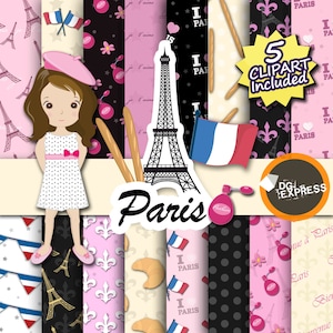 SALE Paris Digital Paper + Clipart : "French Paper"- Paris Clipart, Paris Birthday Invitation, Paris Printable, Eiffel tower, Baguette