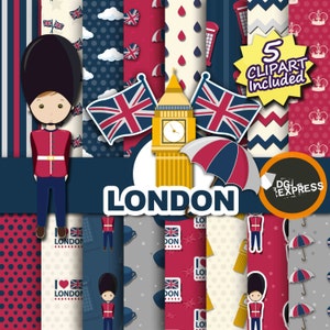 SALE London Digital Paper + Clipart : "London Paper"- England London Clipart, London Birthday Invitation, London Printable, Big Ben
