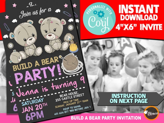 Build a Bear Birthday Invitation, Teddy Bear Party Invitation, DIY Bear Invite Printable, Corjl Invitation, Boy and Girl, Instant Download Il_570xn