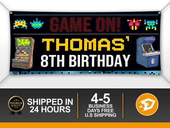Arcade Birthday Banner, Happy Birthday Arcade Banner, 10th Birthday, Game On Party - Personalized Video Gamer Backdrop Indoor Outdoor Il_570xn