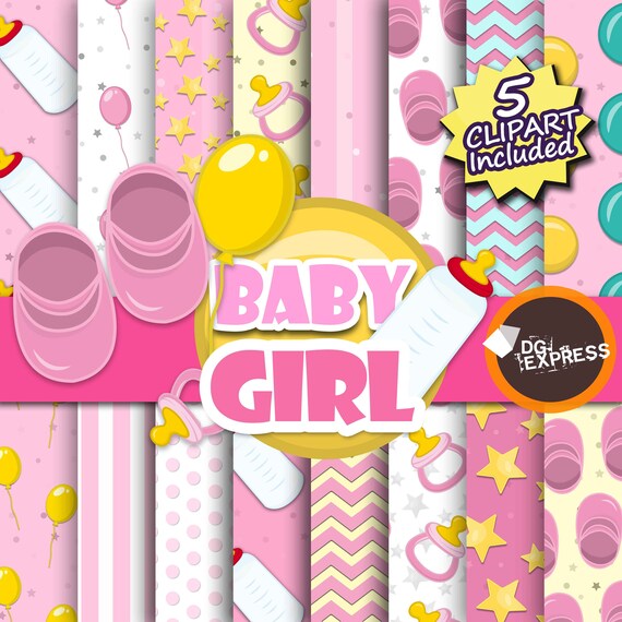 Baby Shower Digital Paper + Clipart : "BABY SHOWER Girl Digital Paper"- Baby Girl Invitation, Baby Girl Announcement, Baby Girl Printable Il_570xn