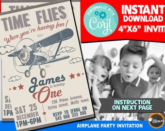 Airplane Party Invitation - "AIRPLANE BIRTHDAY Invitation"  Instant Download, Vintage Airplane Party, Aeroplane Digital Invite, Plane Corjl