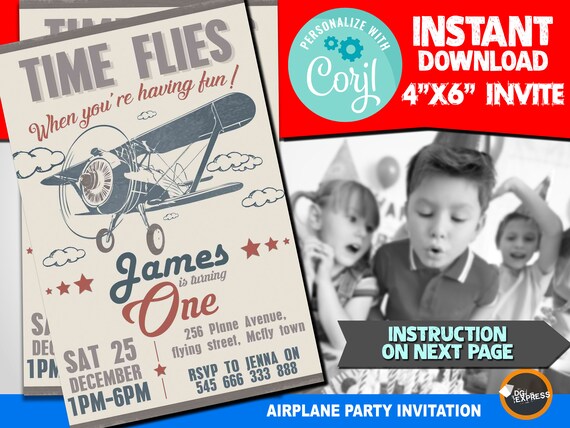 Airplane Party Invitation - "AIRPLANE BIRTHDAY Invitation" Instant Download, Vintage Airplane Party, Aeroplane Digital Invite, Plane Corjl Il_570xn