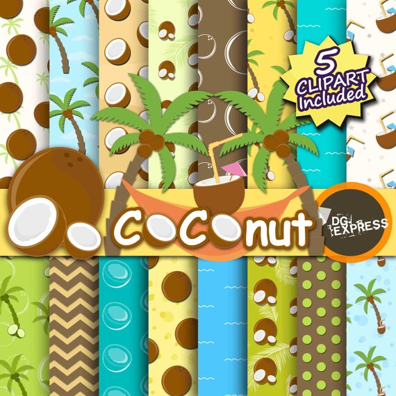 Coconut Digital Paper + Clipart : "Coconut Digital Paper" - Palm Tropical Exotic Fruit Paper, Printable Invitation, Summer Scrapbook Il_570xn