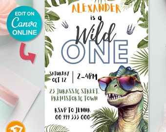 Wild One Birthday Invitation - Dinosaur Birthday Digital Invite,  Dinosaur Boy Birthday, Dinosaur Party Invite, Instant Download