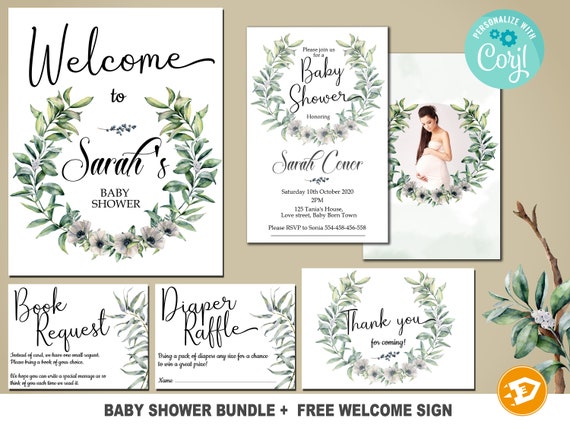 Greenery Baby Shower Invitation Set Template, Editable Printable Eucalyptus Chartreuse Modern Baby Shower Invitation Bundle Welcome Sign Il_570xn