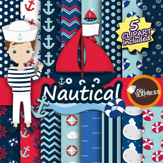 Nautical Clipart + Digital Paper : "Nautical Digital Paper" - Nautical Clipart, Sailor Party Invite, Navy Marine Clipart, Commercial Use Il_570xn