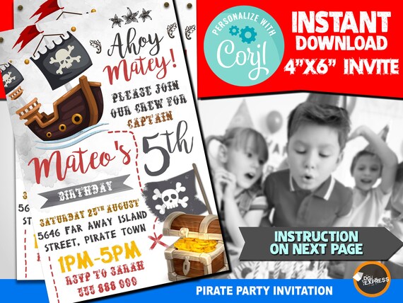 Pirate Birthday Invitation- "PIRATE PARTY INVITATION" Digital Pirate Party Invite - Pirate Birthday Printable, Instant download Il_570xn
