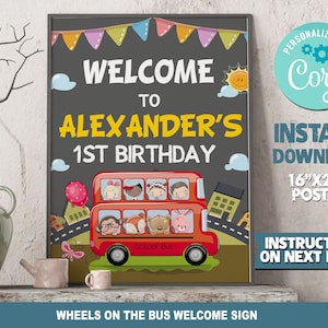 The Wheels on the Bus Red Birthday Welcome Sign Poster WHEELS ON THE bus Birthday Sign Digital Baby Shark Birthday, Instant Download image 1