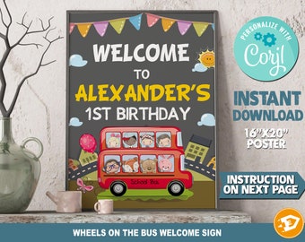 The Wheels on the Bus Red Birthday Welcome Sign Poster "WHEELS ON THE bus Birthday Sign" - Digital Baby Shark Birthday, Instant Download