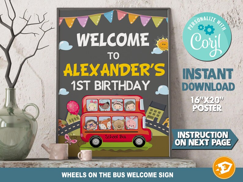 The Wheels on the Bus Red Birthday Welcome Sign Poster WHEELS ON THE bus Birthday Sign Digital Baby Shark Birthday, Instant Download image 1